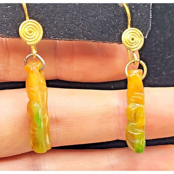 Artisan Carved Jade Orange Green Dangle Drop Earrings 1.75in - Picture 1 of 4